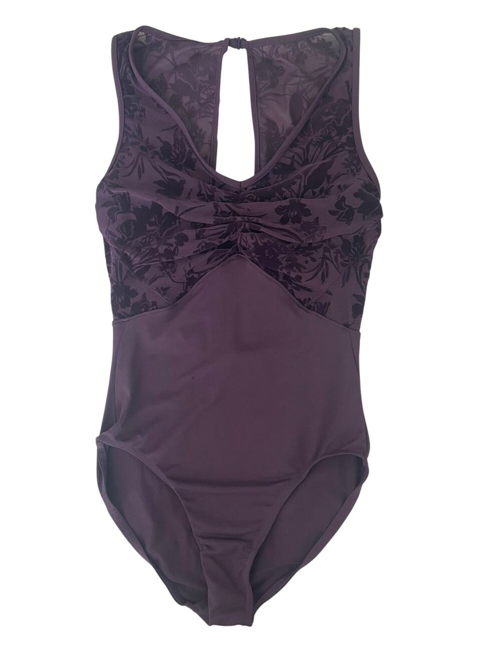 Bloch Women's Floral Mesh Back Tank Leotard in Plum Size Small